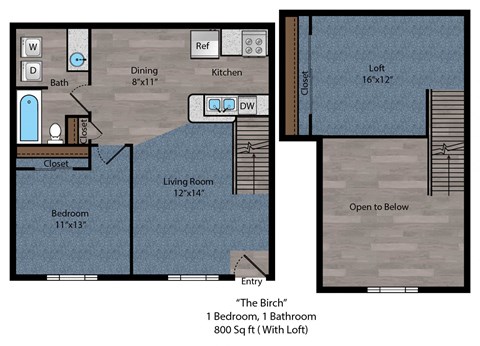 A floor plan of a one bedroom, one bathroom apartment with loft.